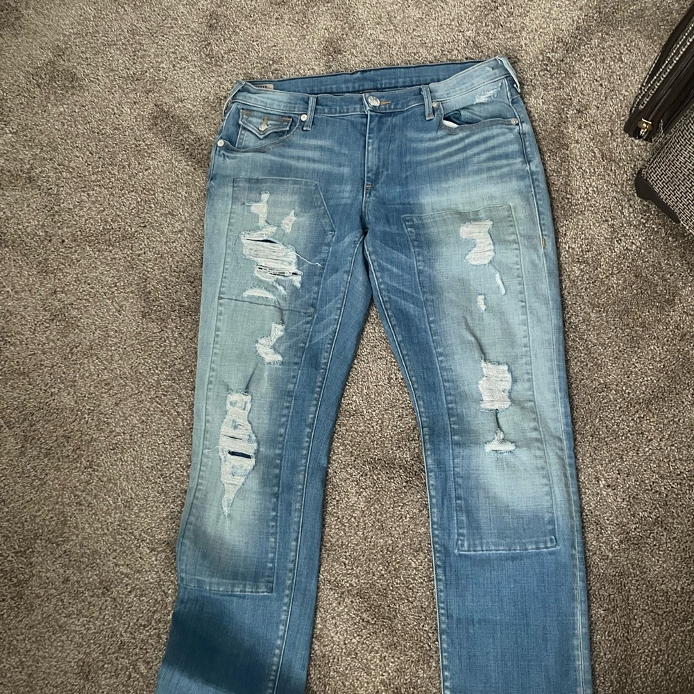 True Religion Blue Straight Leg Jeans with Distressed Details - Picture 2 of 6